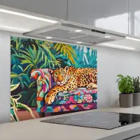 KitchenYeah Spatscherm 80x60 cm - Zelfklevende achterwand Luipaard - Kleurrijk - Tropisch - Keuken muurbeschermer - Spatwand fornuis