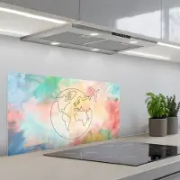 KitchenYeah Spatscherm 90x45 cm - Zelfklevende achterwand Wereldkaart - Pastel - Vliegtuig - Lijnen - Keuken muurbeschermer - Spatwand fornuis