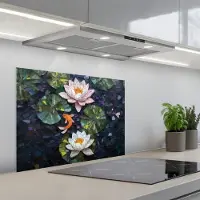 KitchenYeah Spatscherm 70x55 cm - Zelfklevende achterwand Glasstukjes - Leliebladeren - Vis - Oranje - Keuken muurbeschermer - Spatwand fornuis