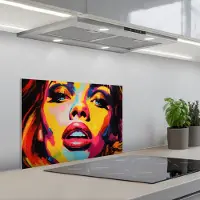 KitchenYeah Spatscherm 60x40 cm - Zelfklevende achterwand Vrouw - Gezicht - Kleurrijk - Keuken muurbeschermer - Spatwand fornuis