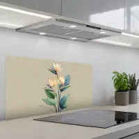 KitchenYeah Spatscherm 80x40 cm - Zelfklevende achterwand Paradijsvogelbloemen - Blauwgroene bladeren - Beige - Keuken muurbeschermer - Spatwand fornuis