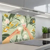 KitchenYeah Spatscherm 90x60 cm - Zelfklevende achterwand Glazen - Proosten - Bladeren - Groen - Keuken muurbeschermer - Spatwand fornuis