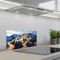 KitchenYeah Spatscherm 70x30 cm - Zelfklevende achterwand Dorp - Heuvelachtig - Zon - Mozaïek - Keuken muurbeschermer - Spatwand fornuis