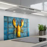 KitchenYeah Spatscherm 70x55 cm - Zelfklevende achterwand Kreeft - Geel - Blauw - Tegels - Keuken muurbeschermer - Spatwand fornuis