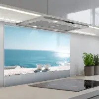 KitchenYeah Spatscherm 80x55 cm - Zelfklevende achterwand Zee - Koffiekopjes - Zomers - Keuken muurbeschermer - Spatwand fornuis