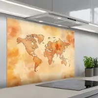 KitchenYeah Spatscherm 100x75 cm - Zelfklevende achterwand Wereldkaart - Aquarelstijl - Keuken muurbeschermer - Spatwand fornuis