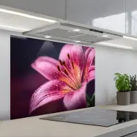 KitchenYeah Spatscherm 80x60 cm - Zelfklevende achterwand Roze - lelie - Dauwdruppels - Keuken muurbeschermer - Spatwand fornuis