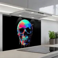KitchenYeah Spatscherm 80x55 cm - Zelfklevende achterwand Schedel - Graffiti - Blauw - Kleurrijk - Keuken muurbeschermer - Spatwand fornuis