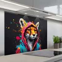 KitchenYeah Spatscherm 100x75 cm - Zelfklevende achterwand Graffiti - Vos - Jas - Pop art - Dieren - Keuken muurbeschermer - Spatwand fornuis