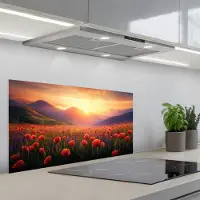 KitchenYeah Spatscherm 90x45 cm - Zelfklevende achterwand Landschap - Zonsondergang - Bloemenveld - Keuken muurbeschermer - Spatwand fornuis