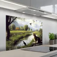 KitchenYeah Spatscherm 100x65 cm - Zelfklevende achterwand Kat - Beekje - Weide - Keuken muurbeschermer - Spatwand fornuis