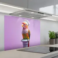 KitchenYeah Spatscherm 90x70 cm - Zelfklevende achterwand Papegaai - Koksmuts - Pilaar - Vogel - Keuken muurbeschermer - Spatwand fornuis