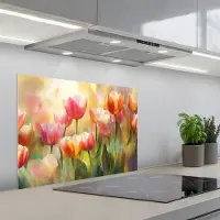 KitchenYeah Spatscherm 70x50 cm - Zelfklevende achterwand Tulpen - Sprookjesachtig - Kleurrijk - Keuken muurbeschermer - Spatwand fornuis