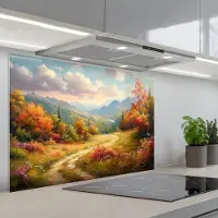 KitchenYeah Spatscherm 80x55 cm - Zelfklevende achterwand Landschap - Illustratie - Natuur - Keuken muurbeschermer - Spatwand fornuis