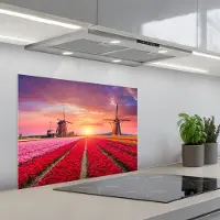 KitchenYeah Spatscherm 70x50 cm - Zelfklevende achterwand Bloemen - Tulpen - Bloemenveld - Molens - Holland - Keuken muurbeschermer - Spatwand fornuis