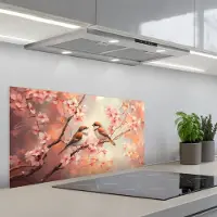 KitchenYeah Spatscherm 80x40 cm - Zelfklevende achterwand Vogels - Romantic - Bloesemtak - Keuken muurbeschermer - Spatwand fornuis