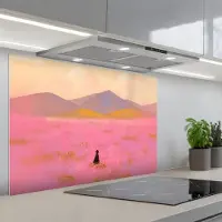 KitchenYeah Spatscherm 80x55 cm - Zelfklevende achterwand Bloemenweide - Heuvels - Silhouet - Roze - Keuken muurbeschermer - Spatwand fornuis