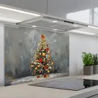 KitchenYeah Spatscherm 80x55 cm - Zelfklevende achterwand Kerstboom - Cadeaus - Rood - Goud - Keuken muurbeschermer - Spatwand fornuis