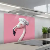KitchenYeah Spatscherm 80x60 cm - Zelfklevende achterwand Flamingo - Roze - Koksmuts - Vogel - Keuken muurbeschermer - Spatwand fornuis