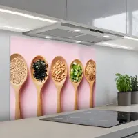 KitchenYeah Spatscherm 80x60 cm - Zelfklevende achterwand Ingrediënten - Lepels - Hout - Roze - Keuken muurbeschermer - Spatwand fornuis