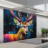 KitchenYeah Spatscherm 100x75 cm - Zelfklevende achterwand Graffiti - Hert - Dier - Kleurrijk - Keuken muurbeschermer - Spatwand fornuis