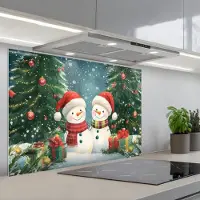 KitchenYeah Spatscherm 90x60 cm - Zelfklevende achterwand Sneeuwpop - Kerstsneeuw - Groen - Rood - Keuken muurbeschermer - Spatwand fornuis