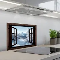 KitchenYeah Spatscherm 60x45 cm - Zelfklevende achterwand Winter - Landschap - Natuur - Berg - Bomen - Doorkijk - Uitzicht - Keuken muurbeschermer - Spatwand fornuis