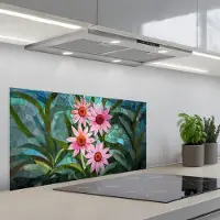 KitchenYeah Spatscherm 90x45 cm - Zelfklevende achterwand Bloemen - Roze - Glasmozaïek - Keuken muurbeschermer - Spatwand fornuis