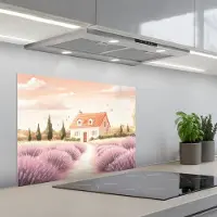 KitchenYeah Spatscherm 70x55 cm - Zelfklevende achterwand Lavendelveld - Huis - Paars - Keuken muurbeschermer - Spatwand fornuis
