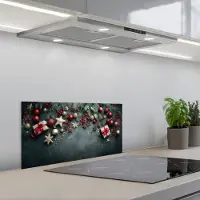 KitchenYeah Spatscherm 70x30 cm - Zelfklevende achterwand Kerstomlijsting - Hulst - Kleurrijk - Keuken muurbeschermer - Spatwand fornuis