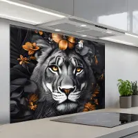 KitchenYeah Spatscherm 100x75 cm - Zelfklevende achterwand Tijger - Zwart wit - Goud - Bloemen - Botanisch - Keuken muurbeschermer - Spatwand fornuis