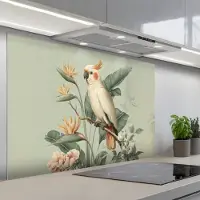 KitchenYeah Spatscherm 120x80 cm - Zelfklevende achterwand Gele kuifkaketoe - paradijsvogelbloemen - Groen - Keuken muurbeschermer - Spatwand fornuis