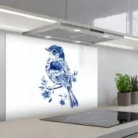 KitchenYeah Spatscherm 80x55 cm - Zelfklevende achterwand Vogel - Delfts blauw - Illustratie - Bloemen - Keuken muurbeschermer - Spatwand fornuis