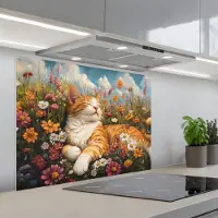 KitchenYeah Spatscherm 80x60 cm - Zelfklevende achterwand Kat - Bloemen - Ontspannen - Keuken muurbeschermer - Spatwand fornuis