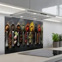 KitchenYeah Spatscherm 80x60 cm - Zelfklevende achterwand Lepels - Specerijen - Kaneel - Chili - Keuken muurbeschermer - Spatwand fornuis