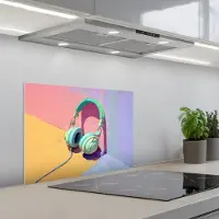 KitchenYeah Spatscherm 60x45 cm - Zelfklevende achterwand Koptelefoon - Mintgroen - Draad - Keuken muurbeschermer - Spatwand fornuis