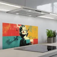 KitchenYeah Spatscherm 80x40 cm - Zelfklevende achterwand Vrouw - Rode lippen - Abstracte kleurvlakken - Popartuistraling - Keuken muurbeschermer - Spatwand fornuis