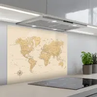 KitchenYeah Spatscherm 90x70 cm - Zelfklevende achterwand Wereldkaart - Realistisch - Beige - Keuken muurbeschermer - Spatwand fornuis