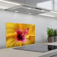 KitchenYeah Spatscherm 60x40 cm - Zelfklevende achterwand Geel - Hibiscus - Tropisch - Keuken muurbeschermer - Spatwand fornuis