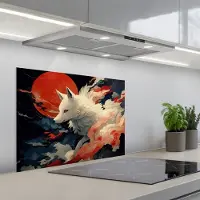 KitchenYeah Spatscherm 70x55 cm - Zelfklevende achterwand Witte vos - wolken - maan - Keuken muurbeschermer - Spatwand fornuis