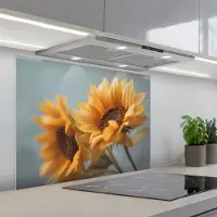 KitchenYeah Spatscherm 80x60 cm - Zelfklevende achterwand Zonnebloemen - Geel - Wazig - Keuken muurbeschermer - Spatwand fornuis