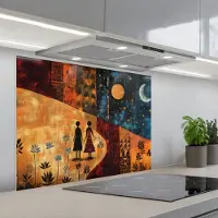 KitchenYeah Spatscherm 80x60 cm - Zelfklevende achterwand Silhouetten - Abstract - Zon - Maan - Keuken muurbeschermer - Spatwand fornuis