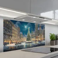 KitchenYeah Spatscherm 120x60 cm - Zelfklevende achterwand Kerstnacht - Stadsplein - Meerkleurig - Keuken muurbeschermer - Spatwand fornuis