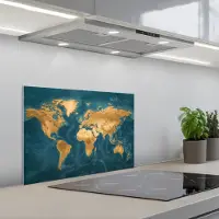 KitchenYeah Spatscherm 60x40 cm - Zelfklevende achterwand Wereldkaart - Goud - Oceaanblauw - Keuken muurbeschermer - Spatwand fornuis