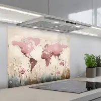 KitchenYeah Spatscherm 90x70 cm - Zelfklevende achterwand Wereldkaart - Roze - Bloemen - Keuken muurbeschermer - Spatwand fornuis