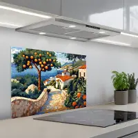 KitchenYeah Spatscherm 70x50 cm - Zelfklevende achterwand Huizen - Mozaïek - Sinaasappelbomen - Zee - Keuken muurbeschermer - Spatwand fornuis