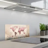 KitchenYeah Spatscherm 60x30 cm - Zelfklevende achterwand Wereldkaart - Roze - Bloemen - Keuken muurbeschermer - Spatwand fornuis