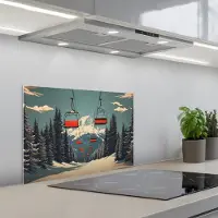 KitchenYeah Spatscherm 60x40 cm - Zelfklevende achterwand Sneeuw - Skilift - Rood - Bomen - Keuken muurbeschermer - Spatwand fornuis