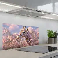 KitchenYeah Spatscherm 80x40 cm - Zelfklevende achterwand Giraffe - Bloemen - Roze - Keuken muurbeschermer - Spatwand fornuis