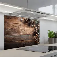 KitchenYeah Spatscherm 80x60 cm - Zelfklevende achterwand Kersthoekdecoratie - Dennenappels - Lichtjes - Keuken muurbeschermer - Spatwand fornuis